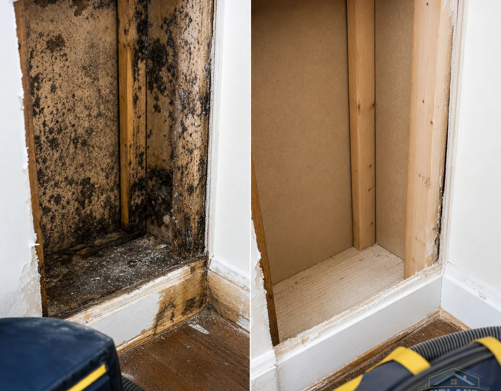 Before-and-after view of mold-damaged drywall removal and a cleaned, dried, HEPA-vacuumed cavity ready for rebuild
