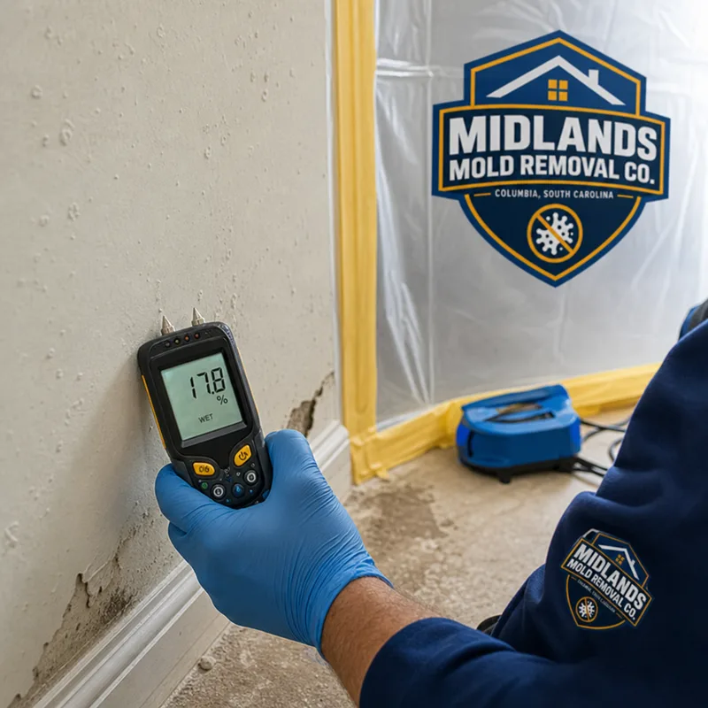 Moisture meter reading on drywall near a baseboard with containment plastic visible during investigation of hidden moisture