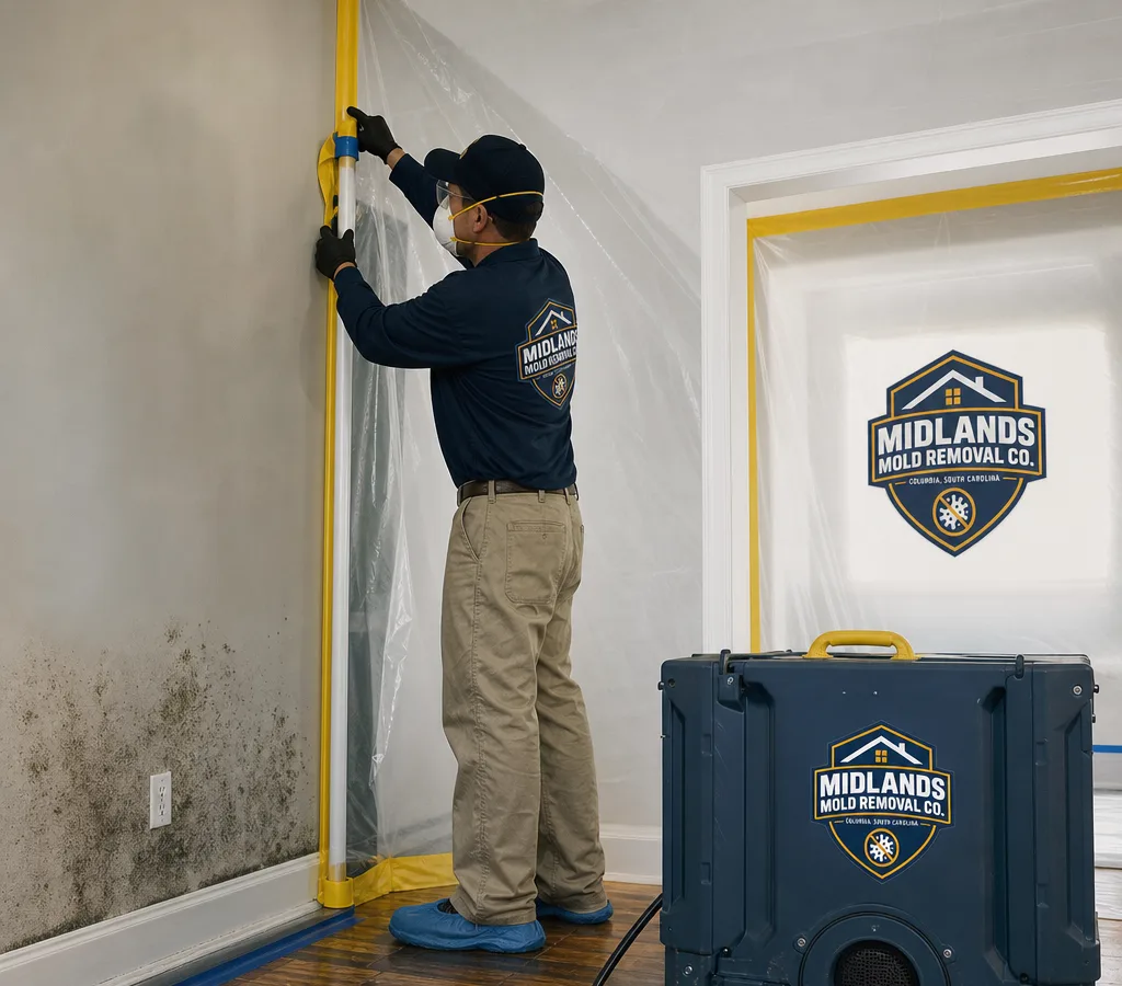 Technician in protective gear setting up containment plastic and a negative air machine in a residential room with visible microbial growth near a baseboard