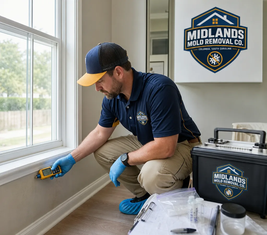 Inspector in a Columbia-area home using a moisture meter near a window and baseboard with sampling supplies on a clean work surface