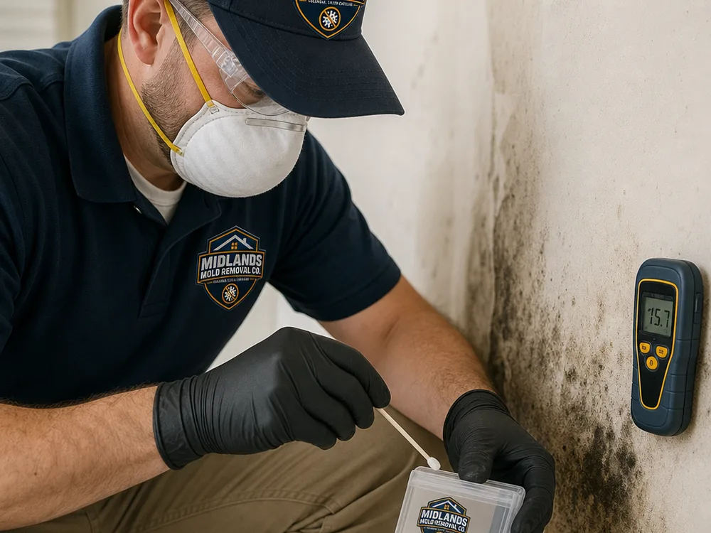 Technician taking a surface sample from stained drywall and labeling a sample cassette with a moisture meter nearby