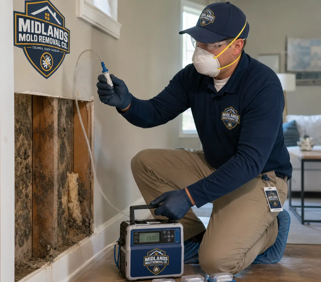 Inspector in protective equipment collecting an indoor air sample with a sampling pump and cassettes in a Columbia-area home