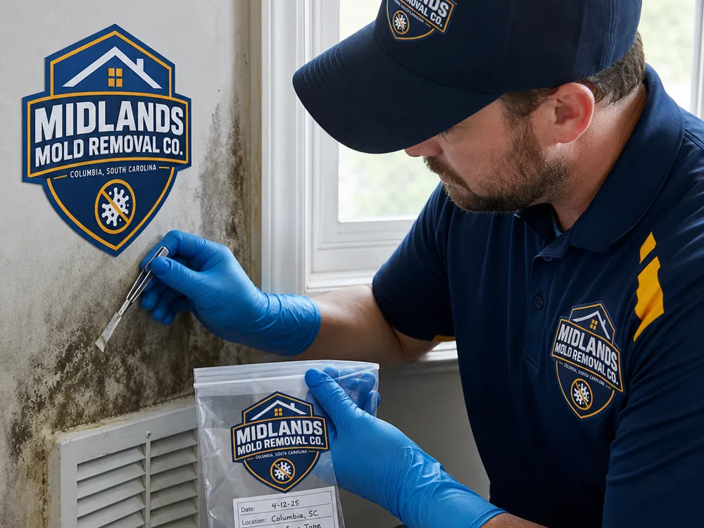 Inspector taking a surface tape sample from suspected growth on drywall with a labeled sample bag visible