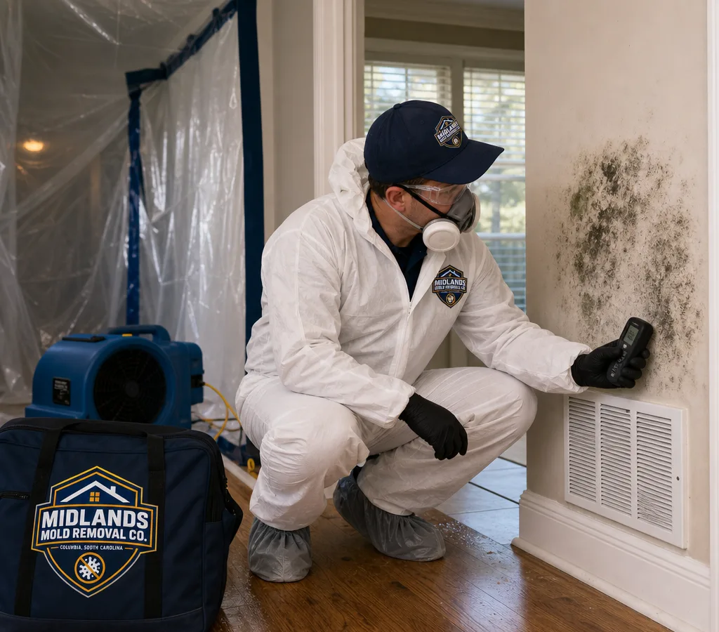 Technician in protective gear assessing suspected mold near an HVAC return in a Columbia-area home
