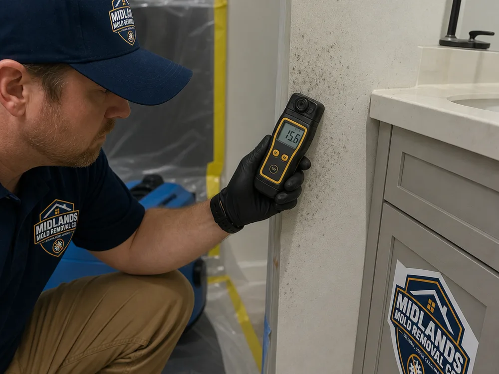 Moisture meter reading on drywall near a bathroom vanity during active remediation work