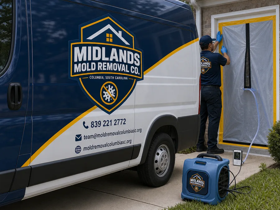 Technician sealing a containment zipper doorway while a negative air machine and pressure-control manometer operate