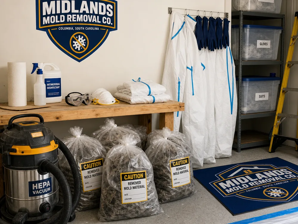 Organized remediation staging area with labeled material bags, HEPA vacuum, antimicrobial solution, and protective equipment